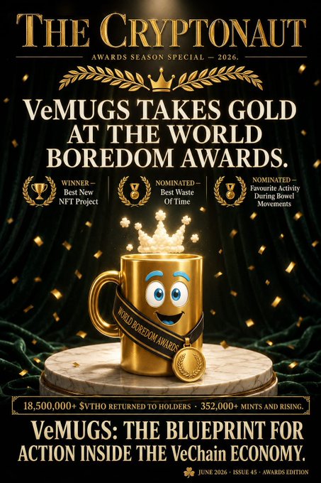 A magazine-style cover titled 'THE CRYPTONAUT — AWARDS SEASON SPECIAL — 2026,' with the headline 'VeMUGS TAKES GOLD AT THE WORLD BOREDOM AWARDS,' featuring a golden trophy mug with cartoon eyes and text noting '18,500,000+ $VTHO RETURNED TO HOLDERS · 352,000+ MINTS.'