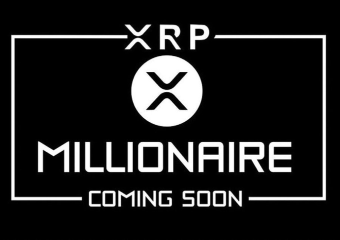 Black and white logo design reading 'XRP MILLIONAIRE COMING SOON' with the XRP cryptocurrency symbol.