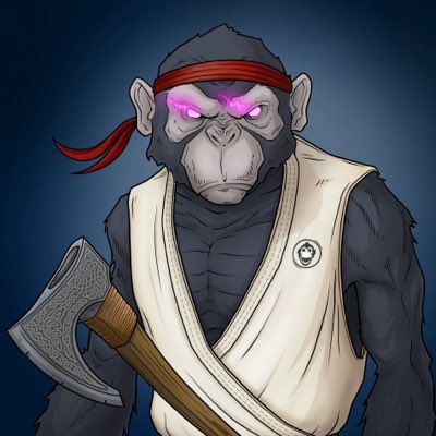 A fierce cartoon chimpanzee with glowing pink eyes and a red headband holds an ornate axe while wearing a white martial arts gi with a circular emblem, set against a dark blue background. The image perfectly captures the warrior-like spirit behind the post's reflection on returning to an original profile picture that represents a meaningful journey.