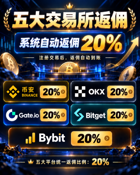 A promotional graphic in Chinese advertising a 20% rebate ('五大交易所返佣 系统自动返佣 20%') from five cryptocurrency exchanges: Binance, OKX, Gate.io, Bitget, and Bybit.