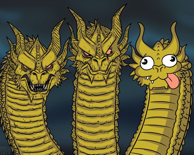 The image shows a three-headed golden dragon (resembling King Ghidorah) with two fierce, menacing heads and one silly, cartoonish head sticking out its tongue, artistically labeled "FARZ ART 2019." The playful mismatch between the intimidating and goofy heads humorously illustrates the speculative "pic unrelated" comparison of unpredictable stock performance, where investors hold multiple tickers ($HYPE, $HOOD, $LIT) hoping to win regardless of which one turns out to be the serious performer versus the silly one.