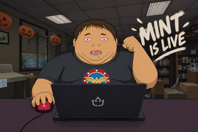 A cartoon illustration shows a heavy-set character with bloodshot eyes and drool, wearing a "Wonder Woman" t-shirt, excitedly pumping his fist while using a computer mouse at a laptop. The text "MINT IS LIVE" is displayed prominently in bold, brush-stroke letters. The background depicts an office or store decorated with Halloween pumpkin cutouts, fitting the accompanying post announcing that the "NEET MODs" NFT collection is live for minting on OpenSea.