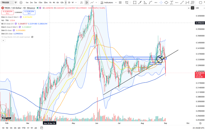 The image shows a daily candlestick chart of TRX/US Dollar on Binance, displaying price action from March through August with multiple moving averages (EMA 8, 21, 34, 50, 55, 200) and Bollinger Bands. The current price sits around $0.3256, with a circled annotation marking a recent rejection at the ~$0.3390 resistance zone, visually confirming the post's observation about TRX losing upward momentum on the daily timeframe.
