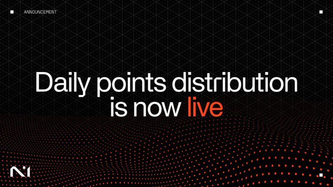A dark graphic announcement slide with a grid pattern reading 'Daily points distribution is now live' in white and red text.