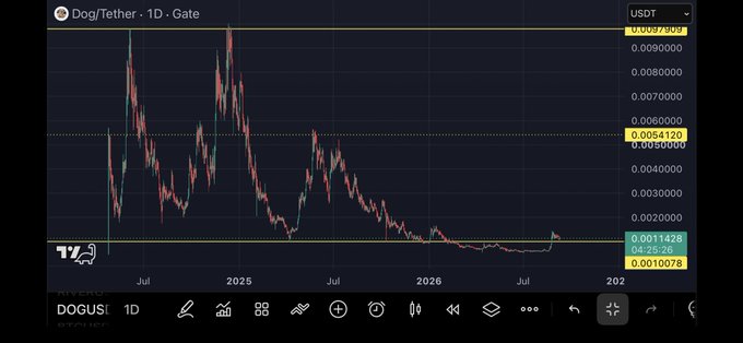 A candlestick chart from TradingView displays Dog/Tether (DOGE/USDT) on a 1D timeframe, showing a peak around mid-2024 followed by a sharp decline to around $0.0011428 by mid-2026.