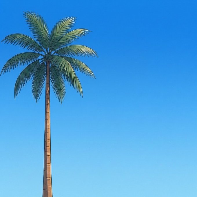 An illustration of a single tall palm tree standing against a clear, bright blue sky.