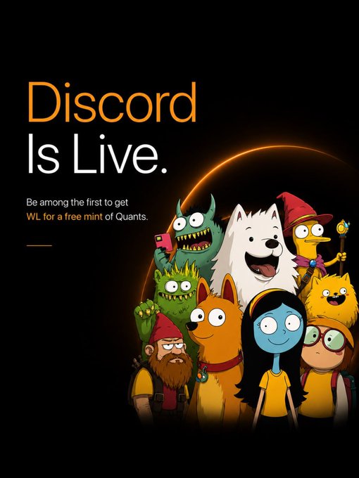 Promotional graphic for Discord's 'Quants' NFT collection featuring cartoon characters with the text 'Discord Is Live. Be among the first to get WL for a free mint of Quants.'