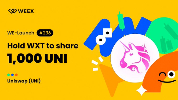 A bright yellow WEEX promotional banner for WE-Launch #236, advertising a 1,000 UNI airdrop for users holding WXT tokens, featuring the Uniswap unicorn logo alongside playful crypto-themed graphics and the WE-Launch branding.