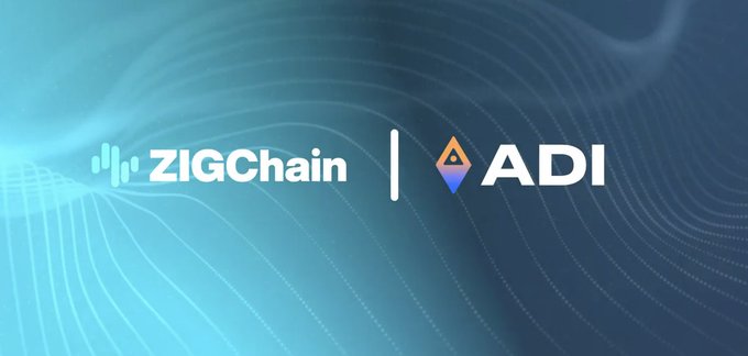 A promotional graphic featuring the ZIGChain and ADI logos on a blue background with flowing light patterns.