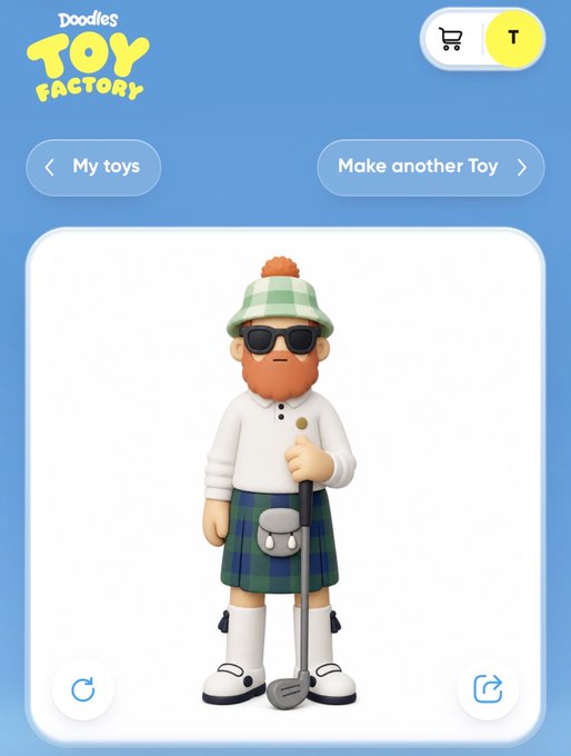 A mobile app screen for 'Doodles Toy Factory' showing a 3D toy figure of a bearded man in a green plaid tam o' shanter hat, sunglasses, white shirt, and kilt, holding a golf club.