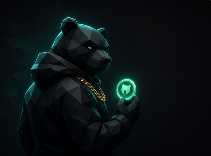 A low-poly digital illustration of a bear in a dark hoodie and gold chain holding a glowing green orb featuring a bear icon.