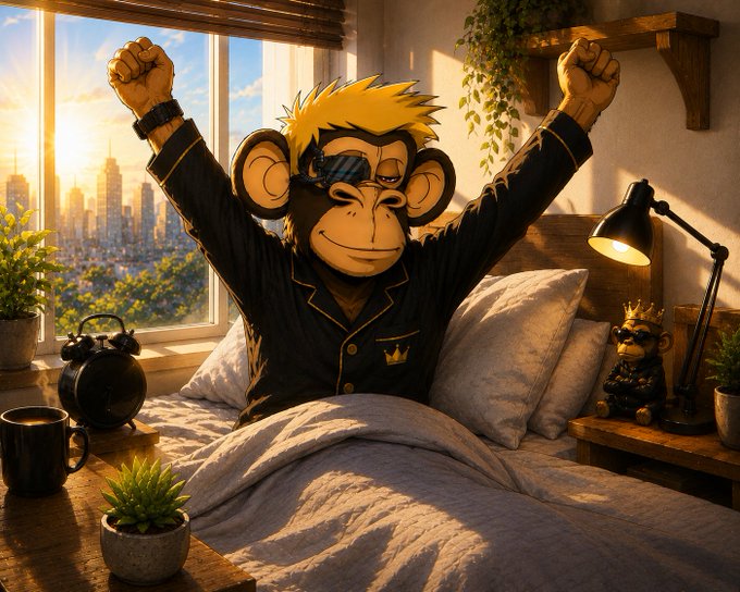 A stylized illustration of a monkey wearing sunglasses and pajamas, stretching in bed with arms raised, with a city skyline visible through the window.