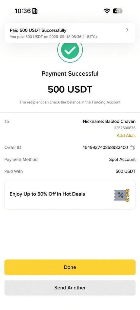 A mobile payment confirmation screen showing a successful transfer of 500 USDT to a recipient with the nickname 'Babloo Chavan', with order ID 454993740858982400 paid via Spot Account.