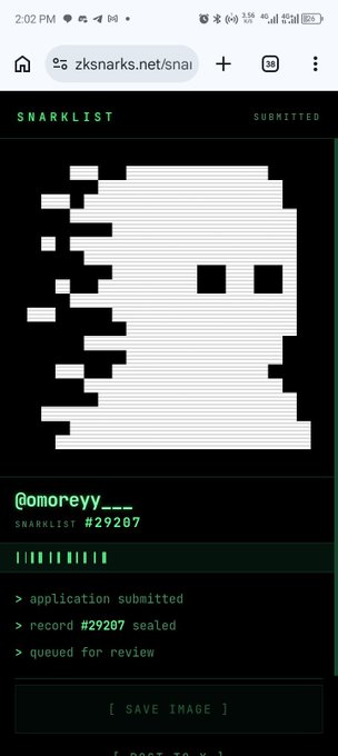 Screenshot of zksnarks.net/snarklist showing a submitted pixel-art ghost entry by @omoreyy___ (Snarklist #29207) with status 'application submitted, record #29207 sealed, queued for review.'