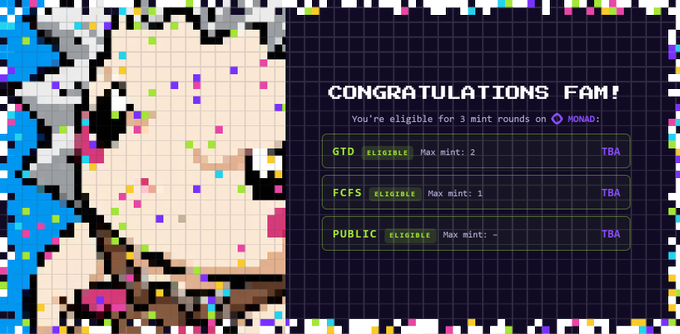 A pixel art graphic featuring a dog with confetti and text reading 'CONGRATULATIONS FAM! You're eligible for 3 mint rounds on NOMAD: GTD (Max mint: 2), FCFS (Max mint: 1), and PUBLIC (Max mint: -) - all TBA.'