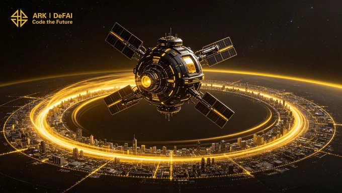 The image features an advanced space shuttle or rocket that appears to be floating in outer space. The shuttle has multiple antennas attached to its body, suggesting a futuristic design for space exploration. In the background of the image, there are buildings visible, indicating that this scene takes place in a city or urban environment. The caption provided after the image reads: "Arkie AI App is building the orbit for everyday Web3 users. With AI Agents, ARK turns scattered actions into a connected journey - clearer, faster, and easier to grow with." This statement connects the futuristic space shuttle design to the concept of using artificial intelligence (AI) in web development or other applications that require efficient data processing and decision-making capabilities.