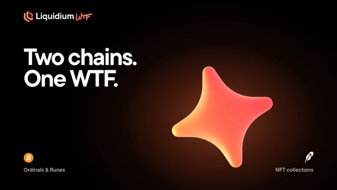 A promotional banner for Liquidium WTF reads 'Two chains. One WTF.' with references to 'Ordinals & Runes' and 'NFT collections' alongside an orange 3D star-shaped graphic.