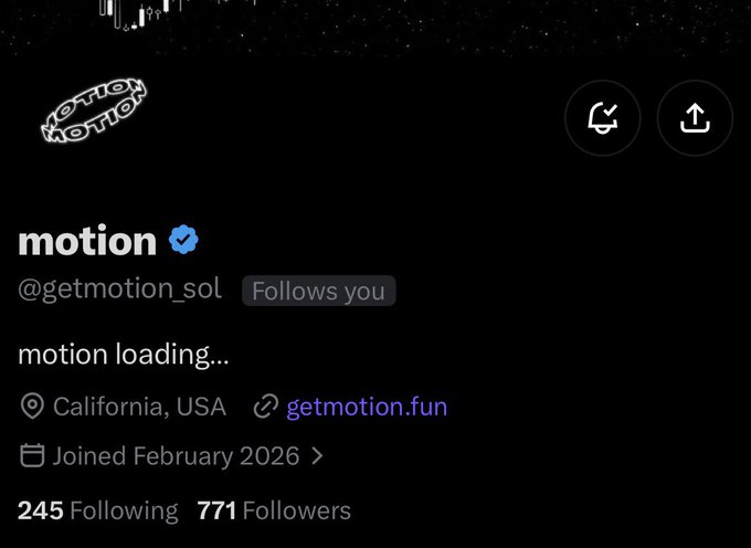A Twitter/X profile page for 'motion' (@getmotion_sol), a verified account based in California, USA with the bio 'motion loading...'.