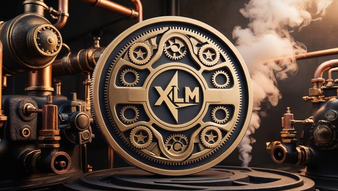 A golden coin featuring the "XLM" Stellar logo and intricate gear designs sits prominently against a backdrop of industrial machinery and steam, symbolizing the underlying financial infrastructure and mechanical complexity of blockchain payment networks that the post highlights beyond XLM's simple price chart.