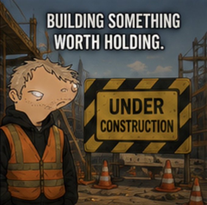 An anime-style illustration of a blonde character in a construction vest standing next to an 'UNDER CONSTRUCTION' sign, with the text 'BUILDING SOMETHING WORTH HOLDING.' overlaid.