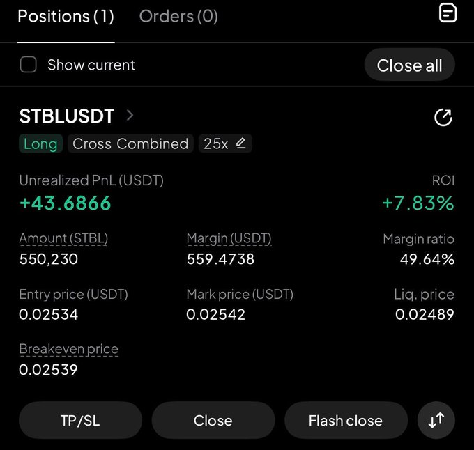 A dark-themed cryptocurrency trading interface showing an open long position for the STBL/USDT pair with a 25x leverage, displaying a positive unrealized PnL of +43.6866 USDT (+7.83% ROI).
