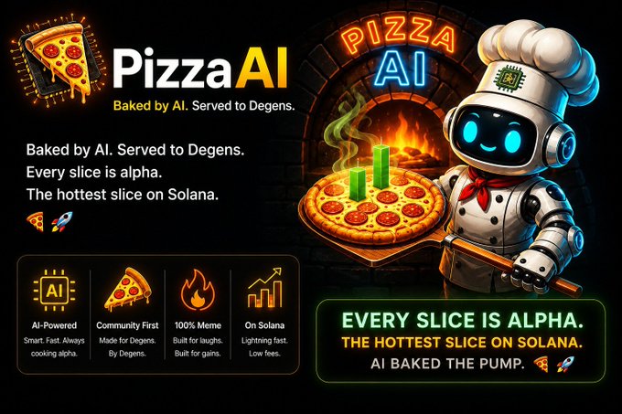 A promotional image for "PizzaAI" with a robot chef and the tagline "Baked by AI. Served to Degens. Every slice is alpha. The hottest slice on Solana."