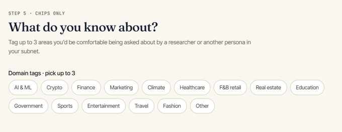 A form titled 'STEP 5 - CHIPS ONLY' asking 'What do you know about?' with domain tags like AI & ML, Crypto, Finance, and Sports available to pick up to 3.