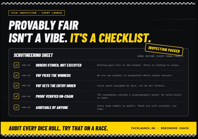 A promotional graphic titled 'PROVABLY FAIR ISN'T A VIBE. IT'S A CHECKLIST.' from FairLaunch.GG on Robinhood Chain, displaying a scrutineering sheet with 5 checked items (CHK-01 through CHK-05) including 'VRF PICKS THE WINNERS' and 'PROOF VERIFIED ON-CHAIN.'