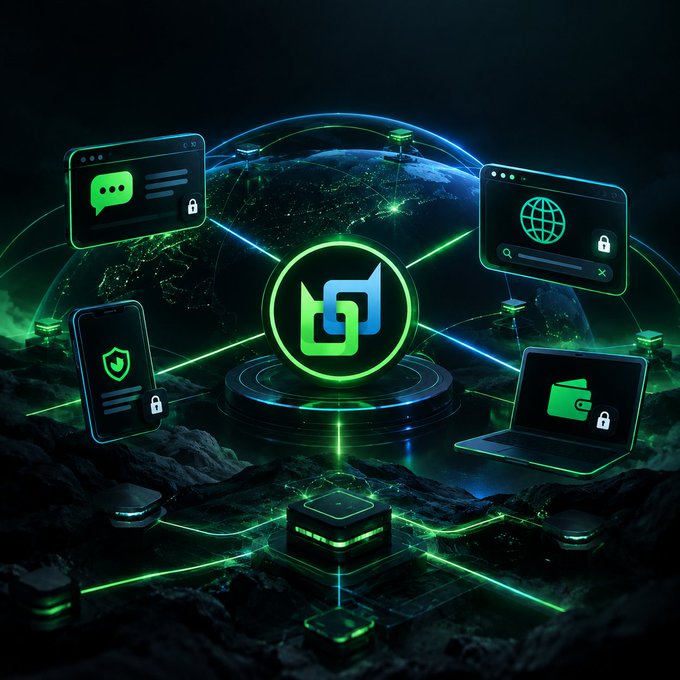 A futuristic digital illustration depicting a green-themed decentralized network with devices showing chat, globe, security, and wallet icons connected around a central logo on a platform above a glowing green earth.