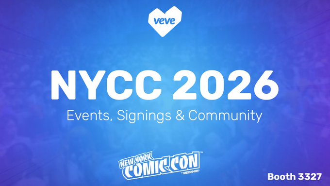 A blue promotional graphic for VeVe at NYCC 2026, advertising 'Events, Signings & Community' at Booth 3327 with the New York Comic Con logo.
