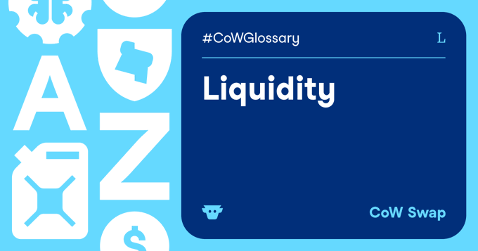 A blue educational graphic defining 'Liquidity' under the hashtag '#CoWGlossary' from CoW Swap, with decorative icons including letters A and Z.