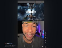 A man wearing a black cap streaming himself in a TikTok-style vertical video format, with a top image showing what looks like a mech or character scene.