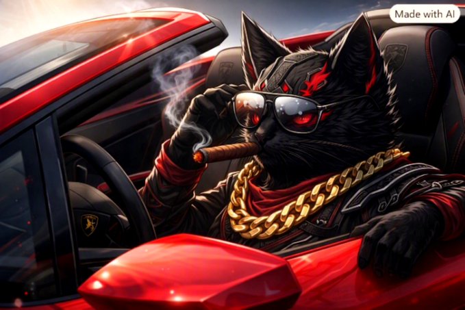 A stylized AI-generated digital artwork of an anthropomorphic black cat with glowing red eyes, wearing sunglasses and a gold chain, smoking a cigar while sitting in a red Lamborghini.