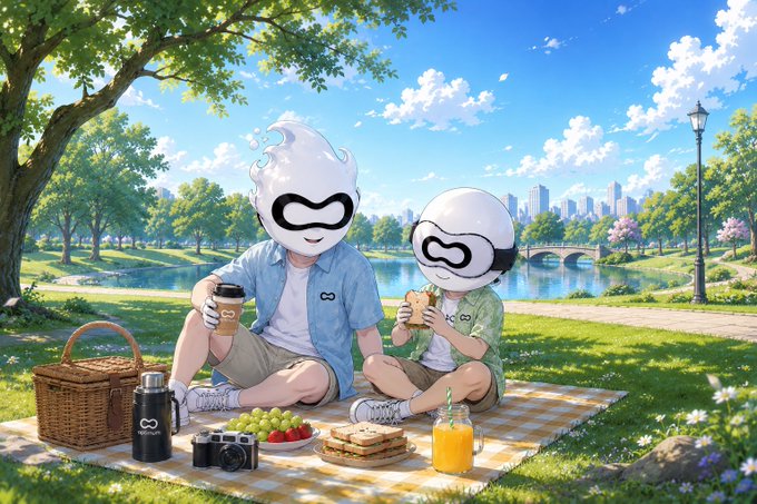 An illustration of two cartoon characters with white round heads and infinity-symbol masks having a picnic in a sunny park beside a lake.