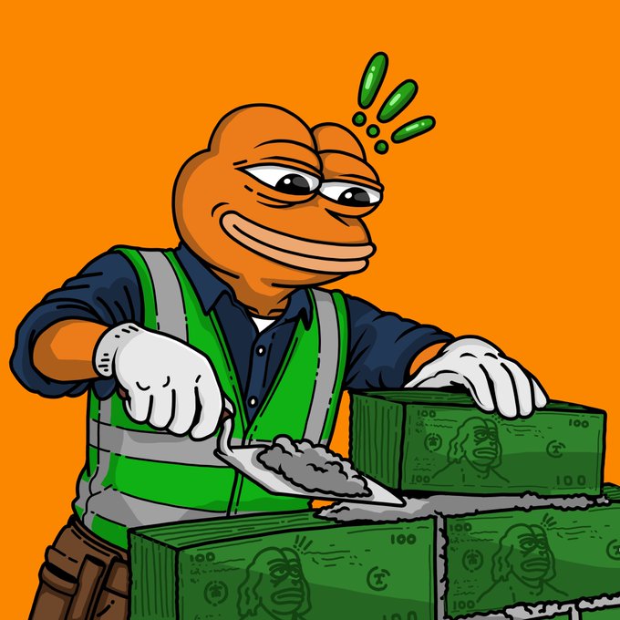 A cartoon Pepe the Frog dressed as a construction worker in a safety vest is shoveling grey substance onto stacks of green currency bills marked "100" against an orange background.