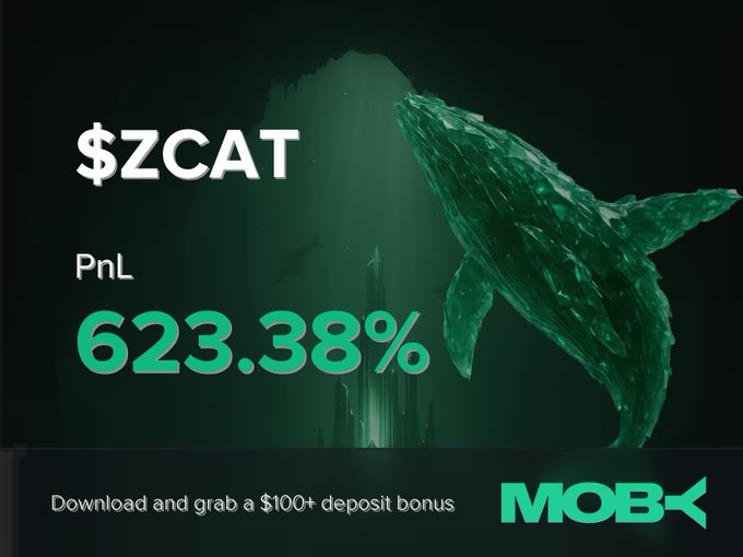 A promotional Moby graphic highlighting a winning $ZCAT trade with a 623.38% PnL, featuring a green whale illustration against a dark underwater backdrop and a call-to-action offering a $100+ deposit bonus for downloading the app.