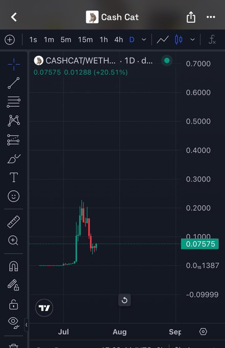 A TradingView chart displays the CASHCAT/WETH pair with a current price of 0.07575, showing a sharp recent spike followed by a steep decline, illustrating the token's volatility. The image visually reinforces the post's speculative bullish narrative about CASHCAT, with the dramatic candlestick movement underscoring both the risk and the rapid price action the poster is betting on.