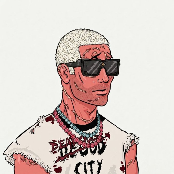 A digital illustration of a man with a buzz cut and facial scars wearing sunglasses, beaded necklaces, and a white shirt with 'DEAD BLOOD CITY' written in a grungy red font.