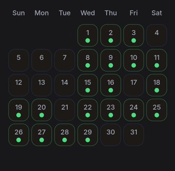 A dark-themed monthly calendar grid (Sunday through Saturday) displaying dates 1 through 31, with green dots on dates 1, 2, 3, 8, 9, 10, 11, 15 through 19, 22 through 25, and 26 through 29.