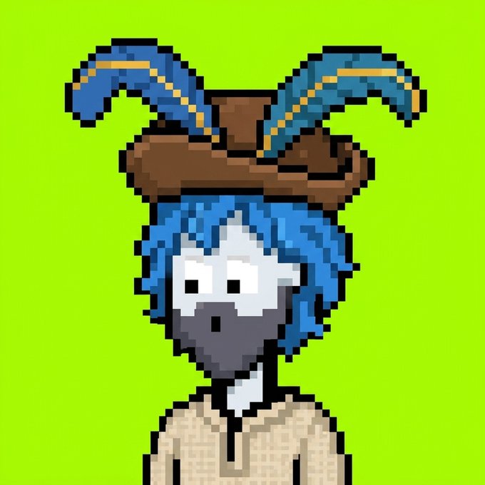 A pixel art character with blue hair, wide white eyes, and a brown jester-style hat with floppy horns against a bright green background.