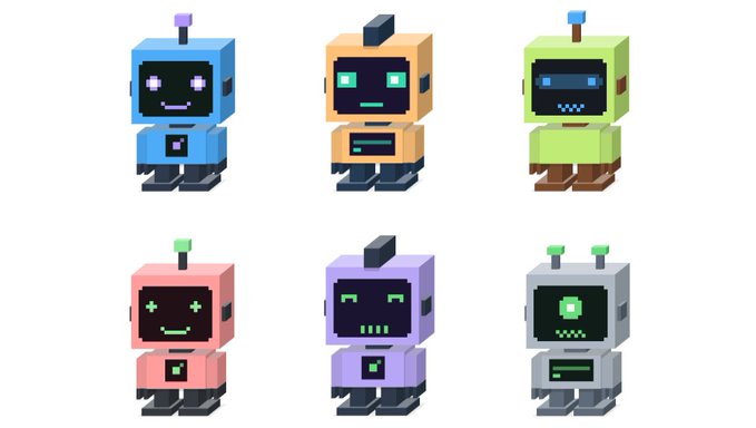 Six colorful voxel-style robot characters in blue, orange, green, pink, purple, and gray, each with digital pixel-face expressions.
