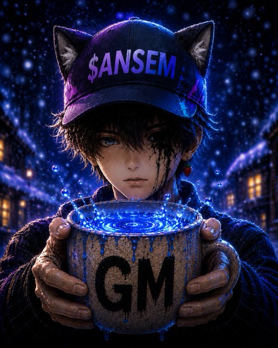 A digital artwork of an anime-style character wearing a cap reading '$ANSEM', with glowing blue liquid in a mug labeled 'GM' against a starry night background.