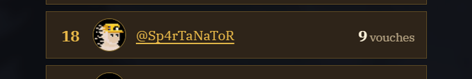 The image shows a leaderboard entry for user "@Sp4rTaNaToR" ranked 18th with "9 vouches" displayed on a dark background, which corresponds to the accompanying post requesting vouches via apply.bitfoots.xyz/vouch.