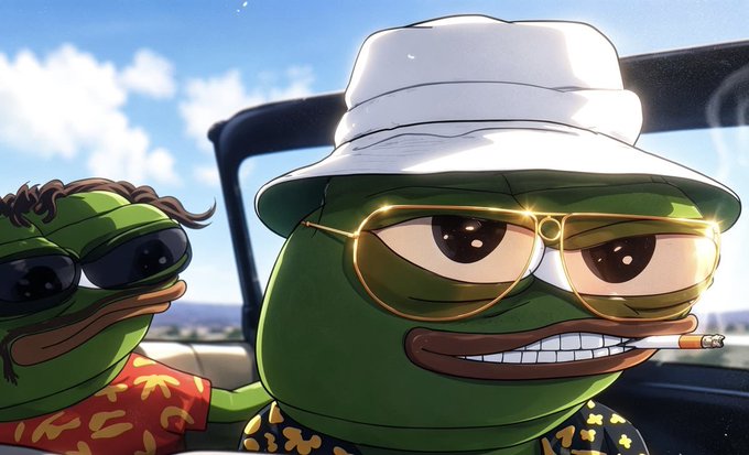 Two stylized cartoon frogs wearing sunglasses ride in a convertible, with the front frog wearing a white bucket hat, aviator sunglasses, and smoking a cigarette.