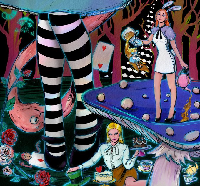 A whimsical painting depicts a person in black and white striped stockings standing under a large mushroom, with another figure resembling Alice pouring from a teapot onto a cat-shaped mushroom, all set in a surreal forest.
