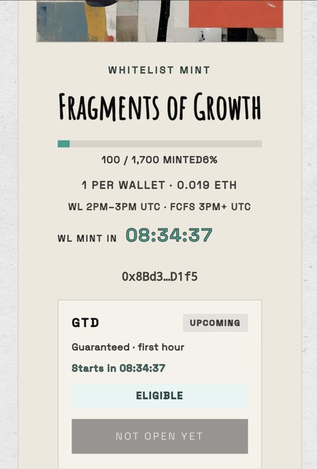 An NFT mint page for 'Fragments of Growth' by Whitelist Mint, showing 100/1,700 minted (6%), priced at 0.019 ETH, with an upcoming whitelist mint timer.