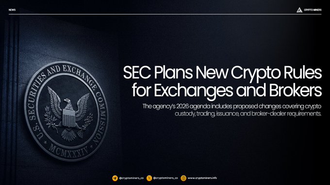 The image features a dark graphic displaying the U.S. Securities and Exchange Commission (SEC) seal on the left, with the headline "SEC Plans New Crypto Rules for Exchanges and Brokers" and a subtitle noting that the agency's 2026 agenda includes proposed changes covering crypto custody, trading issuance, and broker-dealer requirements. The Crypto Miners logo appears in the top right corner, illustrating the SEC's regulatory focus on the crypto industry as described in the accompanying post.
