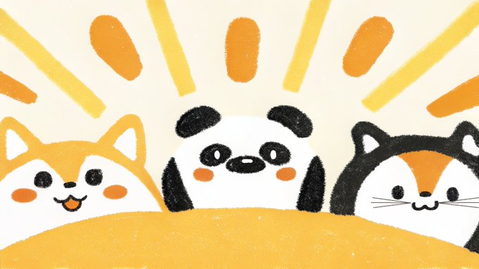 A cute illustration shows a smiling Shiba Inu, a panda, and a calico cat peeking over a yellow surface against a sunburst background.