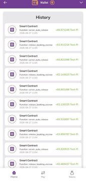 A mobile wallet screenshot displays a transaction history page showing multiple entries of "Smart Contract" interactions, including release_pubk_release and withdraw operations with Pi amounts ranging from approximately +82,367,728 to +82,571,224 Pi, reflecting extensive smart contract activity as the V27 testnet approaches.