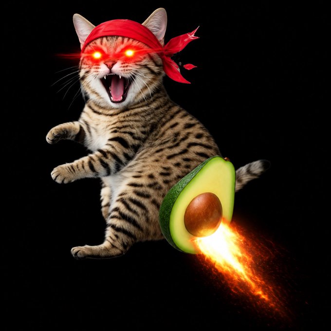 A humorous edit of a cat wearing a red bandana with glowing red eyes, appearing to fly like a rocket using an avocado as a jet propulsion.
